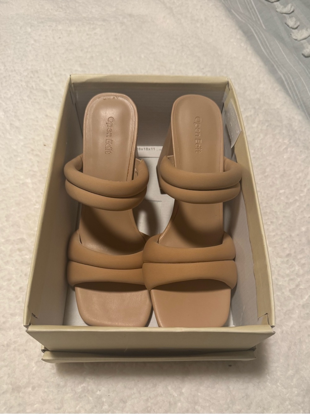 NIB Open Edit Tan Puffy Double Strap Square Toe Block Heel Slide Sandals Size 9